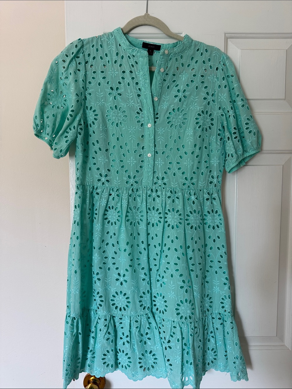 J. Crew Mint Eyelet Tiered Mini Dress
